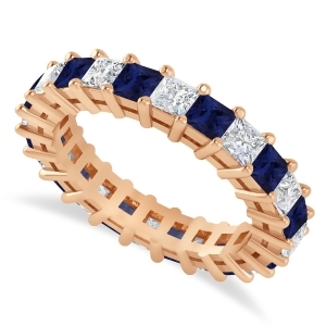 Princess Diamond and Blue Sapphire Wedding Band 14k Rose Gold 3.12ct - All