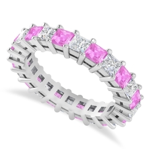 Princess Diamond and Pink Sapphire Wedding Band 14k White Gold 3.12ct - All
