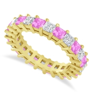 Princess Diamond and Pink Sapphire Wedding Band 14k Yellow Gold 3.12ct - All