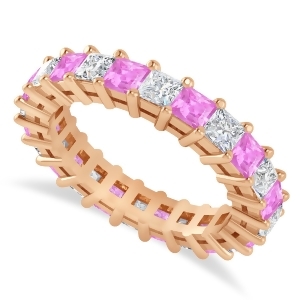 Princess Diamond and Pink Sapphire Wedding Band 14k Rose Gold 3.12ct - All