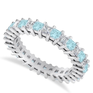 Princess Diamond and Aquamarine Wedding Band 14k White Gold 2.32ct - All