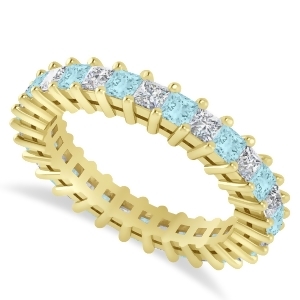 Princess Diamond and Aquamarine Wedding Band 14k Yellow Gold 2.32ct - All