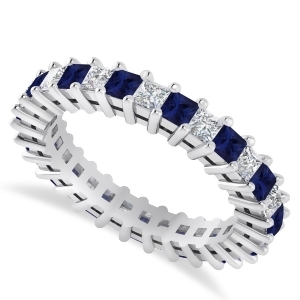 Princess Diamond and Blue Sapphire Wedding Band 14k White Gold 2.32ct - All