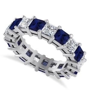 Princess Diamond and Blue Sapphire Wedding Band 14k White Gold 5.61ct - All