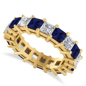 Princess Diamond and Blue Sapphire Wedding Band 14k Yellow Gold 5.61ct - All