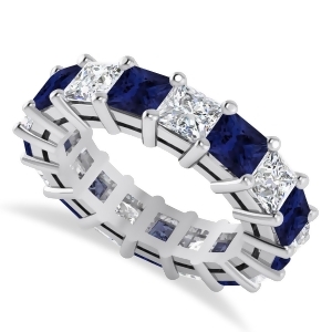 Princess Diamond and Blue Sapphire Wedding Band 14k White Gold 7.17ct - All