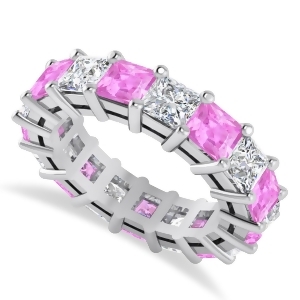 Princess Diamond and Pink Sapphire Wedding Band 14k White Gold 7.17ct - All