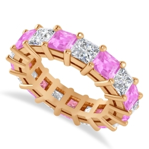 Princess Diamond and Pink Sapphire Wedding Band 14k Rose Gold 7.17ct - All