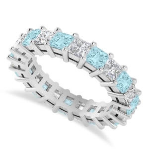 Princess Diamond and Aquamarine Wedding Band 14k White Gold 4.18ct - All