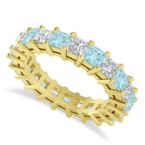 Princess Diamond and Aquamarine Wedding Band 14k Yellow Gold 4.18ct - All