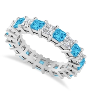 Princess Diamond and Blue Topaz Wedding Band 14k White Gold 4.18ct - All