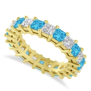 Princess Diamond and Blue Topaz Wedding Band 14k Yellow Gold 4.18ct - All