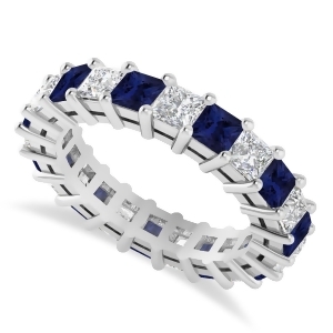Princess Diamond and Blue Sapphire Wedding Band 14k White Gold 4.18ct - All