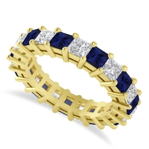 Princess Diamond and Blue Sapphire Wedding Band 14k Yellow Gold 4.18ct - All