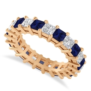 Princess Diamond and Blue Sapphire Wedding Band 14k Rose Gold 4.18ct - All