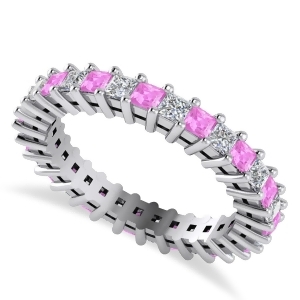 Princess Diamond and Pink Sapphire Wedding Band 14k White Gold 1.86ct - All