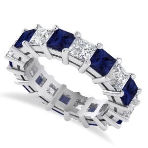 Princess Diamond and Blue Sapphire Wedding Band 14k White Gold 5.94ct - All