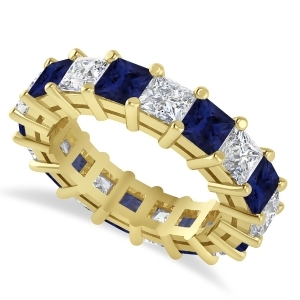 Princess Diamond and Blue Sapphire Wedding Band 14k Yellow Gold 5.94ct - All