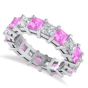 Princess Diamond and Pink Sapphire Wedding Band 14k White Gold 5.94ct - All