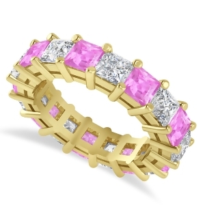 Princess Diamond and Pink Sapphire Wedding Band 14k Yellow Gold 5.94ct - All
