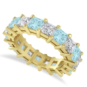 Princess Diamond and Aquamarine Wedding Band 14k Yellow Gold 5.94ct - All