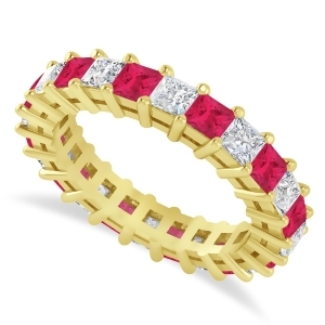Princess Diamond and Ruby Wedding Band 14k Yellow Gold 3.12ct - All
