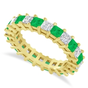 Princess Diamond and Emerald Wedding Band 14k Yellow Gold 3.12ct - All