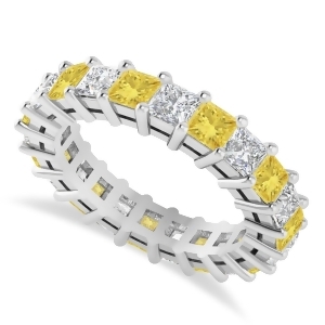 Princess Yellow and White Diamond Wedding Band 14k White Gold 3.96ct - All