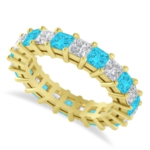 Princess Blue and White Diamond Wedding Band 14k Yellow Gold 3.96ct - All