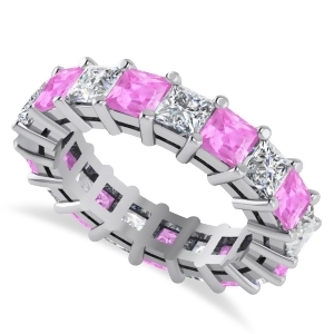 Princess Diamond and Pink Sapphire Wedding Band 14k White Gold 5.61ct - All