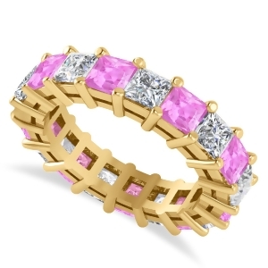 Princess Diamond and Pink Sapphire Wedding Band 14k Yellow Gold 5.61ct - All