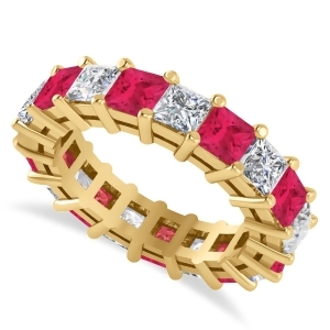 Princess Diamond and Ruby Wedding Band 14k Yellow Gold 5.61ct - All