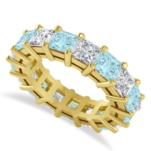 Princess Diamond and Aquamarine Wedding Band 14k Yellow Gold 7.17ct - All