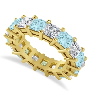 Princess Diamond and Aquamarine Wedding Band 14k Yellow Gold 7.17ct - All