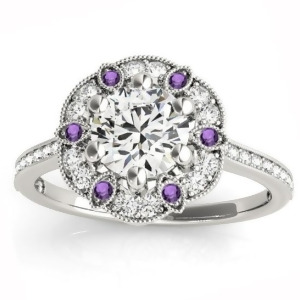Amethyst and Diamond Floral Engagement Ring 14K White Gold 0.23ct - All