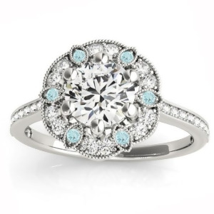 Aquamarine and Diamond Floral Engagement Ring 14K White Gold 0.23ct - All