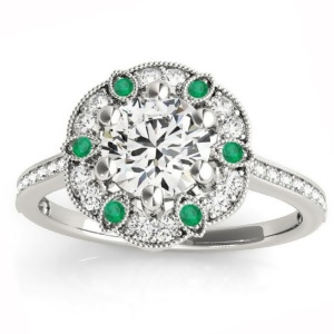 Emerald and Diamond Floral Engagement Ring Platinum 0.23ct - All