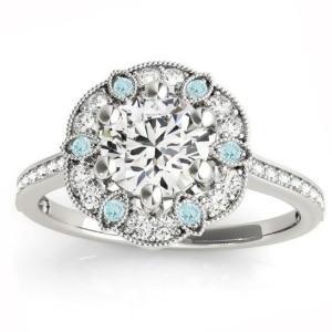 Aquamarine and Diamond Floral Engagement Ring 18K White Gold 0.23ct - All