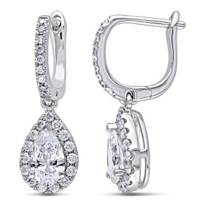 Pear and Round Diamond Leverback Earrings 14k White Gold 1.40 ct - All