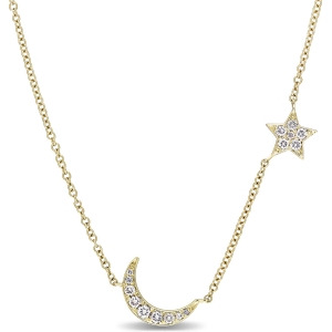 Diamond Star and Moon Necklace 14k Yellow Gold 0.16ct - All