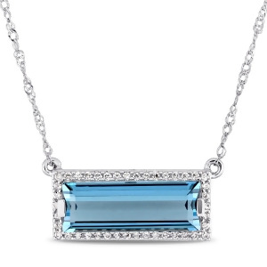 Baguette Blue Topaz and Round Diamond Pendant Necklace 14k White Gold 3.13ct - All