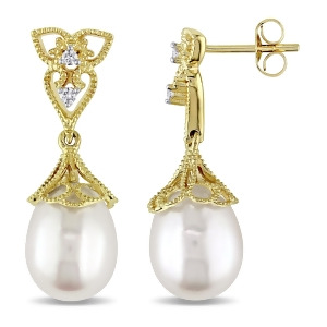 Tear Drop Pearl and Diamond Accent Dangle Earrings 14k Yellow Gold 0.06ct - All