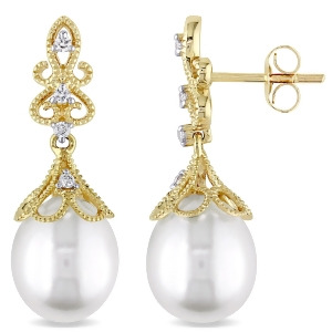 Tear Drop Pearl and Diamond Dangle Earrings 14k Yellow Gold 0.10ct - All
