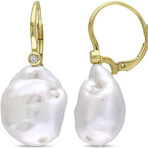 Baroque Pearl and Diamond Accent Earrings 14k Yellow Gold 0.06ct - All