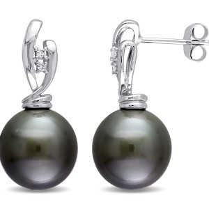 Round Tahitian Pearl and Diamond Accent Earrings 14k White Gold 0.05ct - All