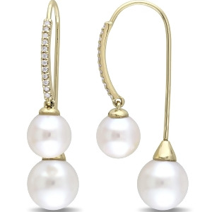Round Pearl and Diamond Dangling Earrings 14k Yellow Gold 0.14ct - All