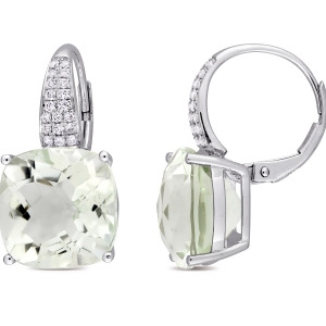 Cushion Green Amethyst and Round Diamond Earrings 14k White Gold 13.70ct - All