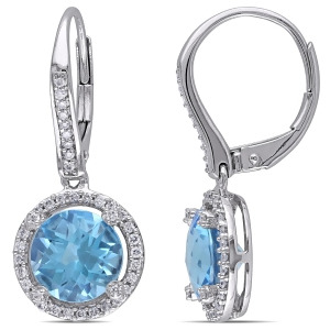 Blue Topaz and Round Diamond Halo Earrings 14k White Gold 4.80ct - All