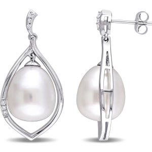 Drop Pearl and Diamond Dangle Earring 14k White Gold 0.10ct - All