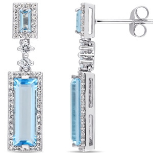 Baguette Blue Topaz and Round Diamond Dangle Earrings 14k White Gold 4.50ct - All